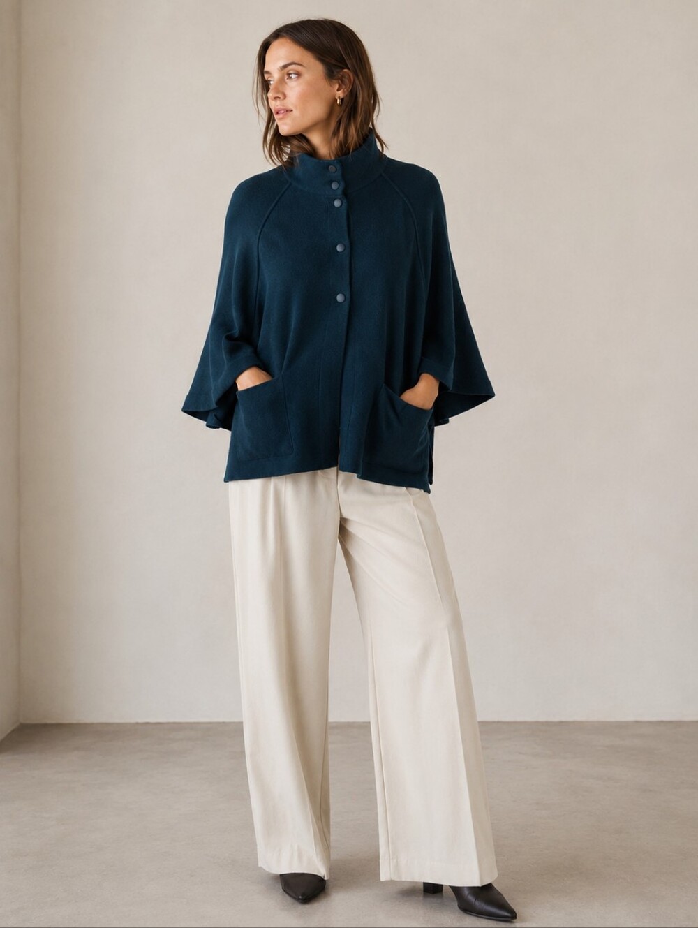 Parfois Teal Knit Cape Cardigan Medium Mock Neck Snap Front Pockets